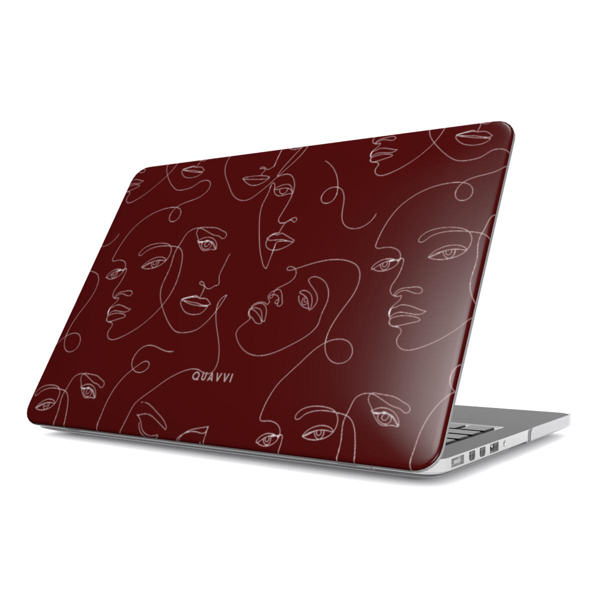 Visage Apple Macbook case by QUAVVICASES – bordeaux red design with white abstract lines forming faces, full protection with ventilation holes, slim fit