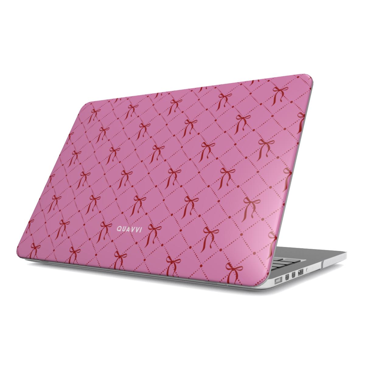 Sweetheart Apple Macbook case by QUAVVICASES – bright pink case with red bow pattern, fully coverage design with ventilation holes, easy to click on