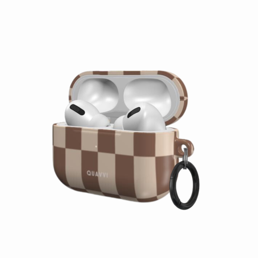 Old Money Apple Airpods pro case by QUAVVICASES – abstract checkered pattern with beige and brown, full protection with ring