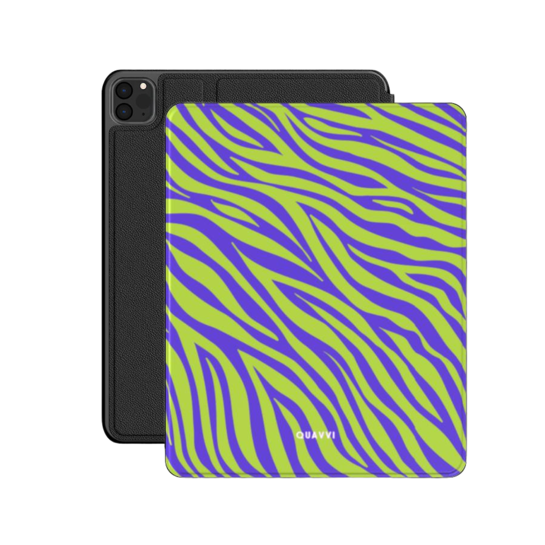 Safari Pop Apple iPad case by QUAVVICASES – zebra pattern design with bright green and purple, full protection, stand function, made of vegan saffiano leather