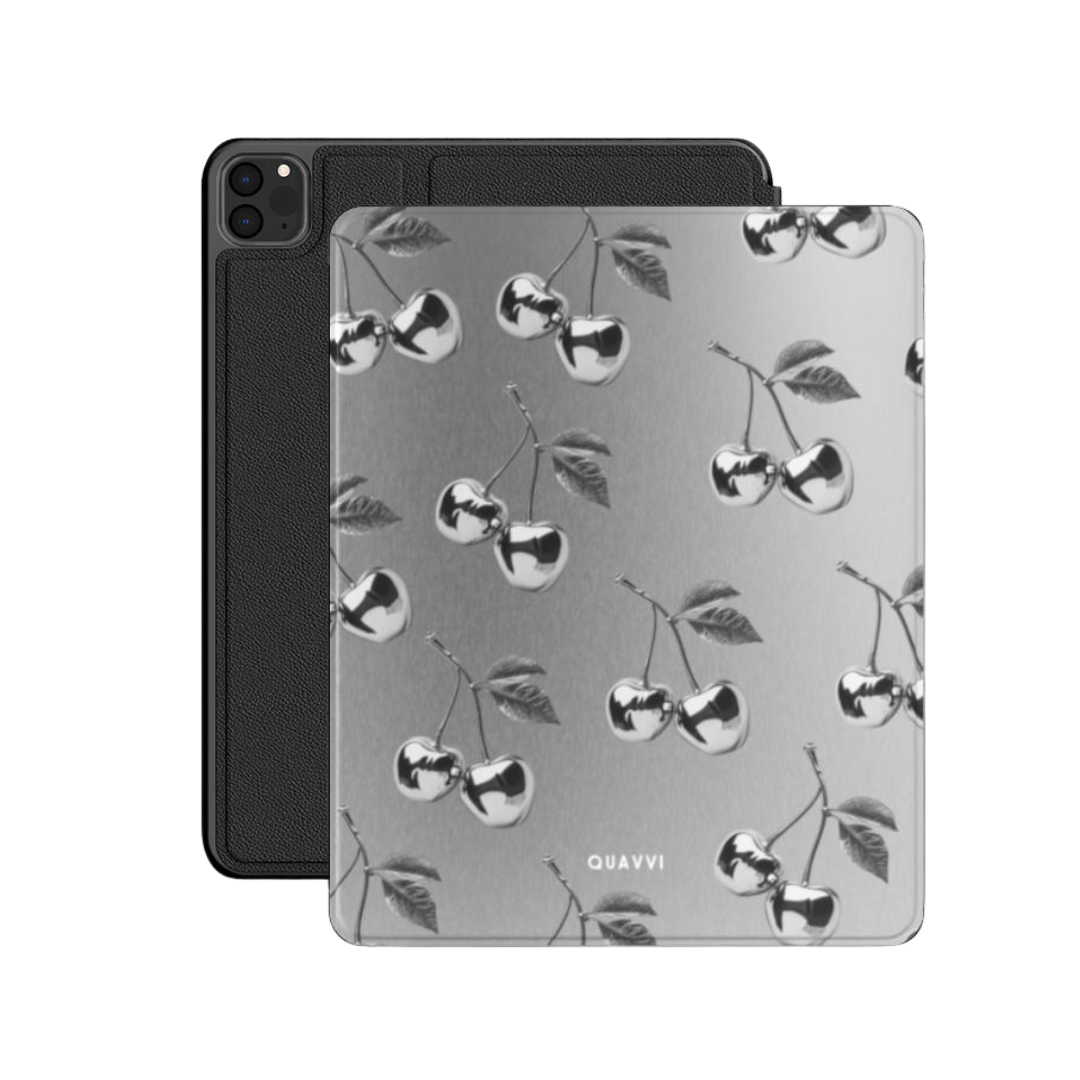 Cherryblast Apple iPad case by QUAVVICASES – grey design with metallic cherry figures, full coverage with stand function made of vegan saffiano leather