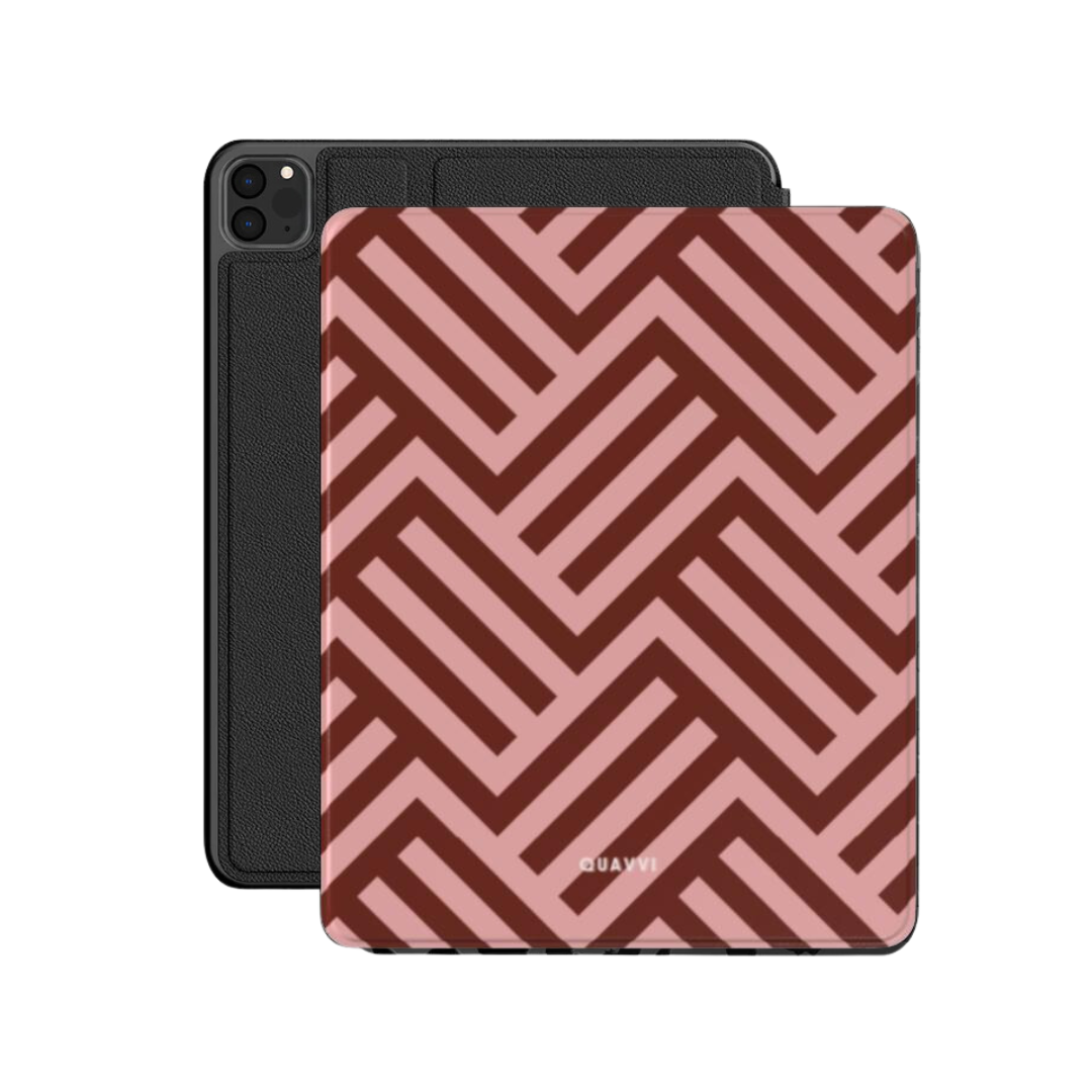 Momo Rouge Apple iPad case by QUAVVICASES – peach pink with dark red line shape design, full coverage with stand function made of vegan saffiano leather
