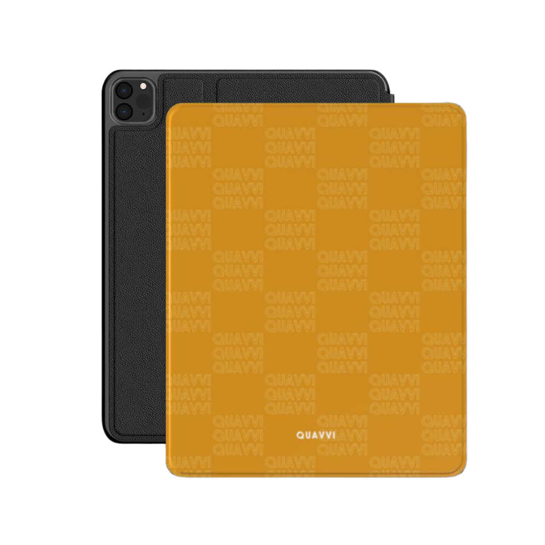 Quavvi Pumpkin Apple iPad case by QUAVVICASES – orange case with a special checkered quavvi design, full coverage case with stand function, made of vegan saffiano leather