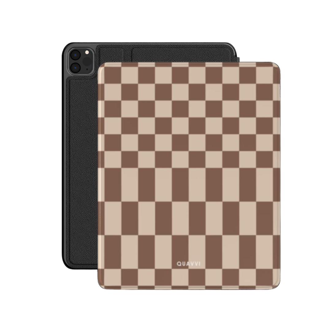 Old Money Apple iPad case by QUAVVICASES – abstract checkered pattern with beige and brown, full protection real vegan saffiano leather, stand function