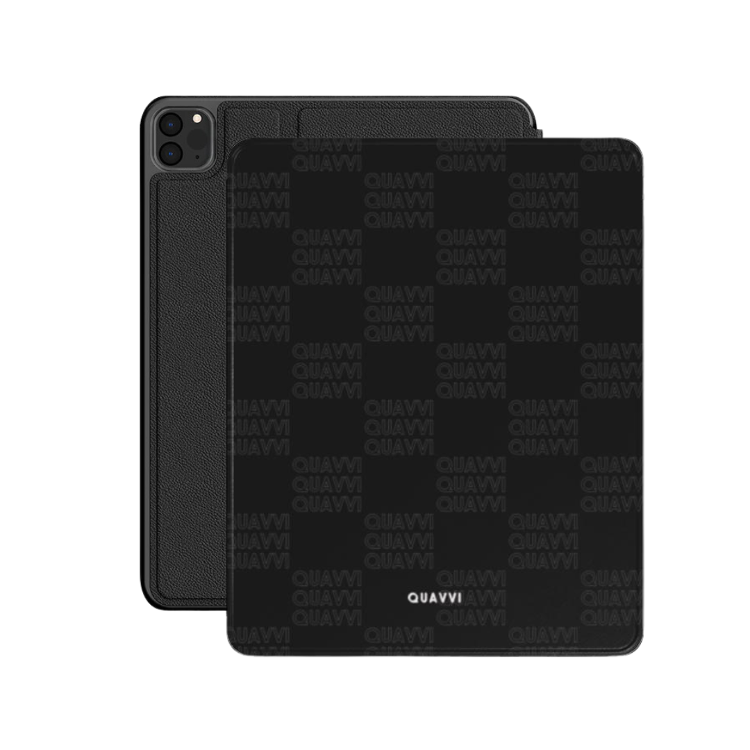 Quavvi Black Apple iPad case by QUAVVICASES – black case with checkered quavvi design, full protection with stand function, made of vegan saffiano leather