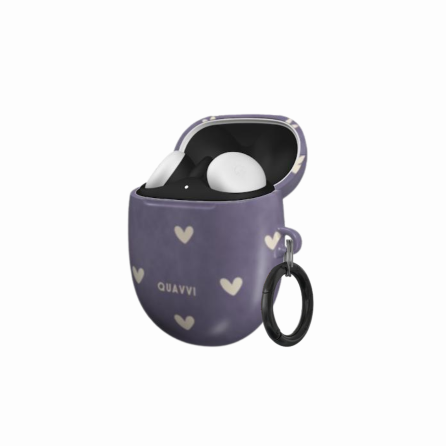 Stoney Romance Google Pixel buds case by QUAVVICASES – purple stone-like design with white hearts, full protection with ring for easy hold