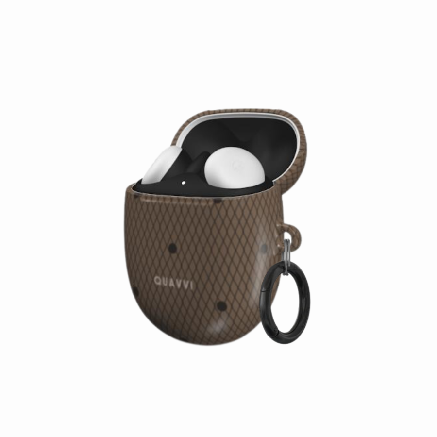 Desire Google Pixel buds case by QUAVVICASES – brown panty-like design with black dots, fully protected with ring
