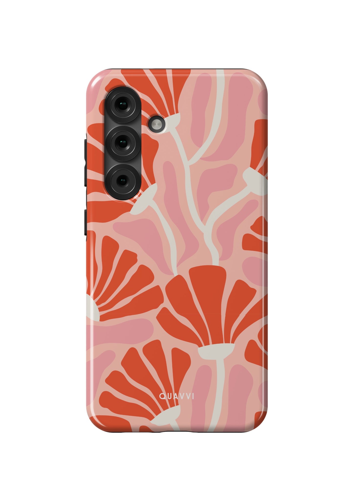 Flower Frenzy Samsung Galaxy phone case by QUAVVICASES – abstract flower pattern with pink, orange and white colors, dual-layer protection, shockproof tough design