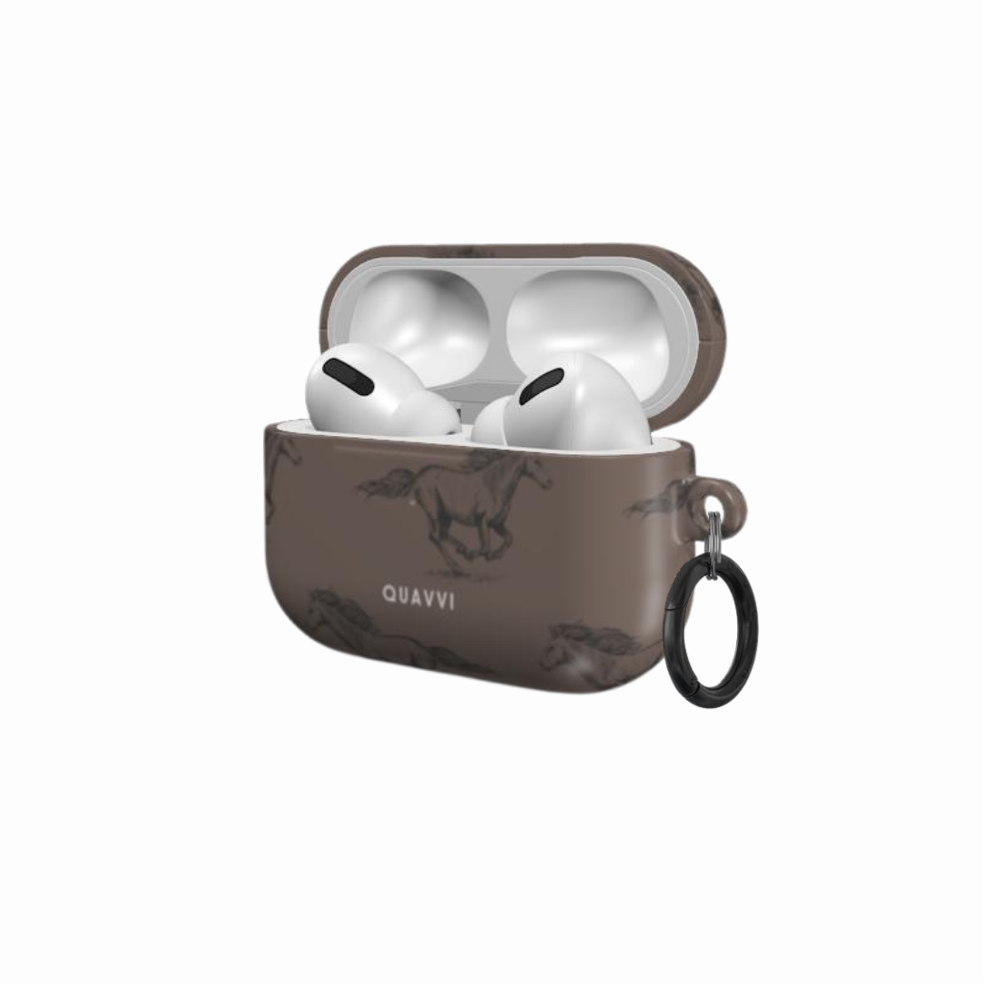 Wild Whimsy Apple Airpods pro case by QUAVVICASES – brown design with wild horses from black fine line, glossy case, full coverage with ring for easy hold