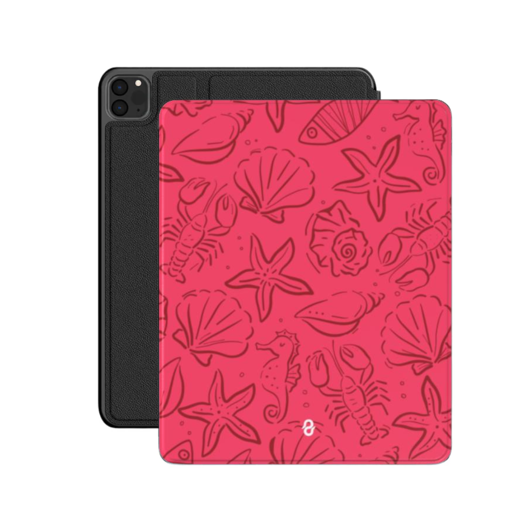 SIREN Apple Macbook Case by QUAVVICASES – bright pink design with dark red sea animal drawings, vegan leather case with stand function and apple pencil holder