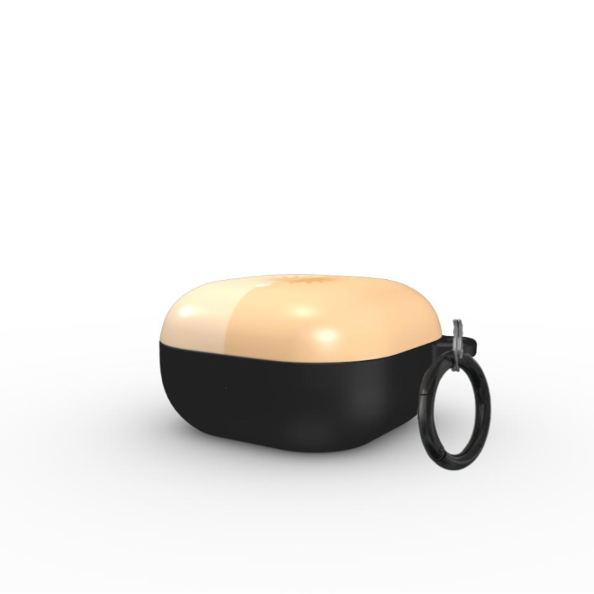 SOLARA Samsung Galaxy Buds case by QUAVVICASES – beige with yellow sun pattern, full coverage case with ring for easy hold