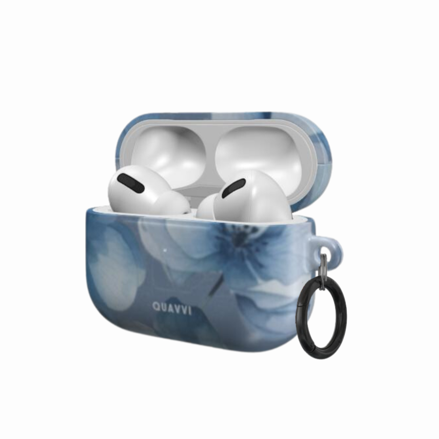 Floral Breeze Apple Airpods pro case by QUAVVICASES – vintage blue flowers design, full coverage, glossy with ring