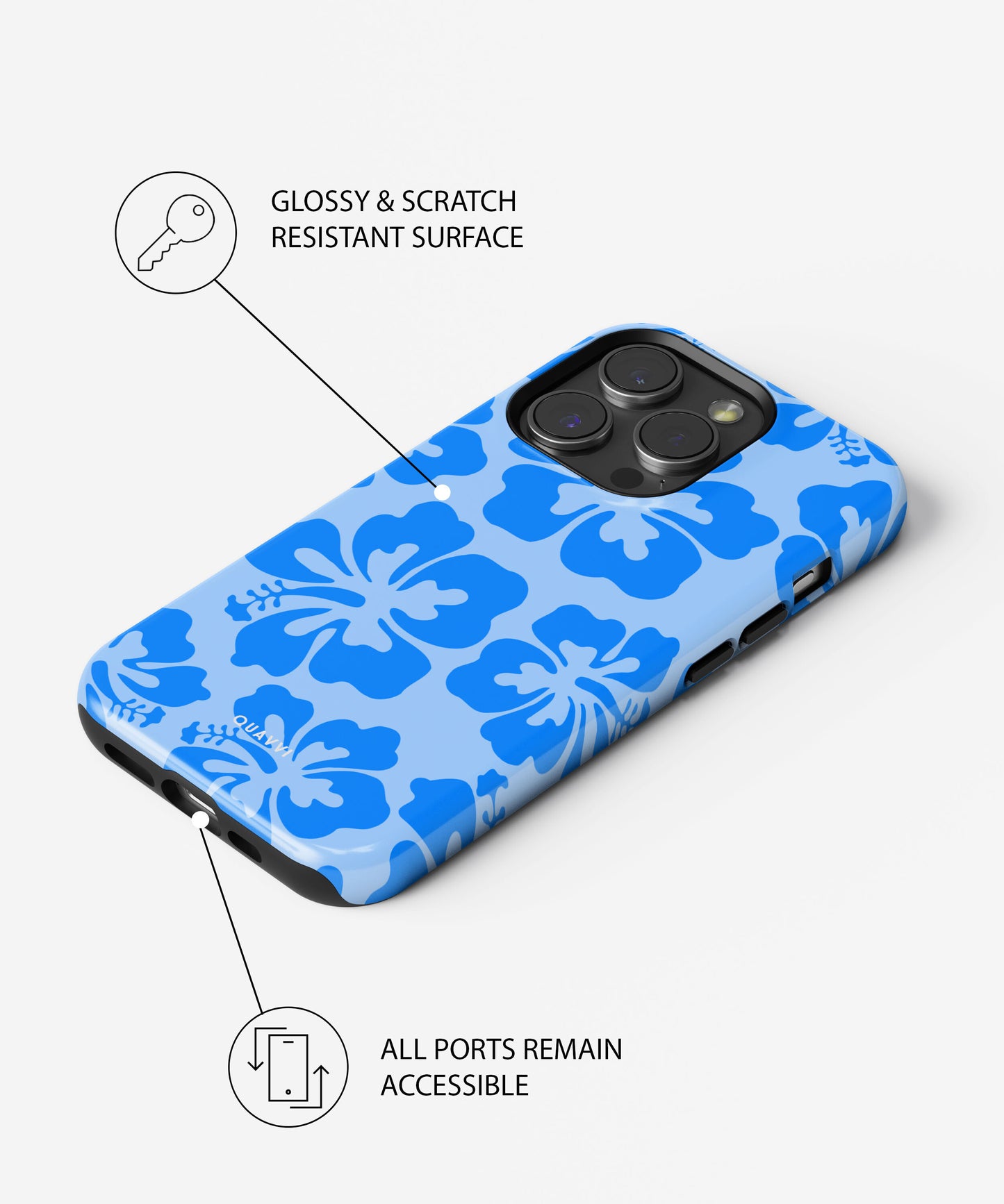 Tropical Summer phone case by QUAVVICASES – bright blue with tropical flowers, glossy & scratch resistant, all ports accessible