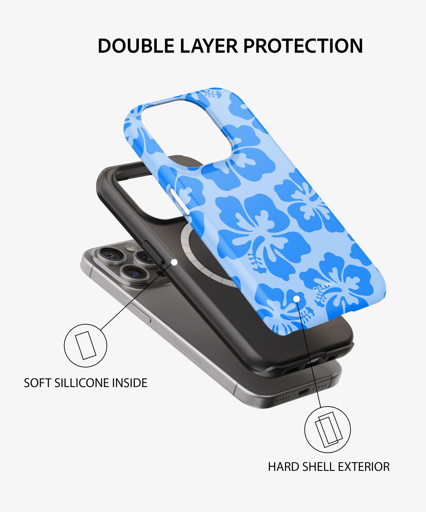 Tropical Summer phone case by QUAVVICASES – bright blue with tropical flowers, double-layer protection design
