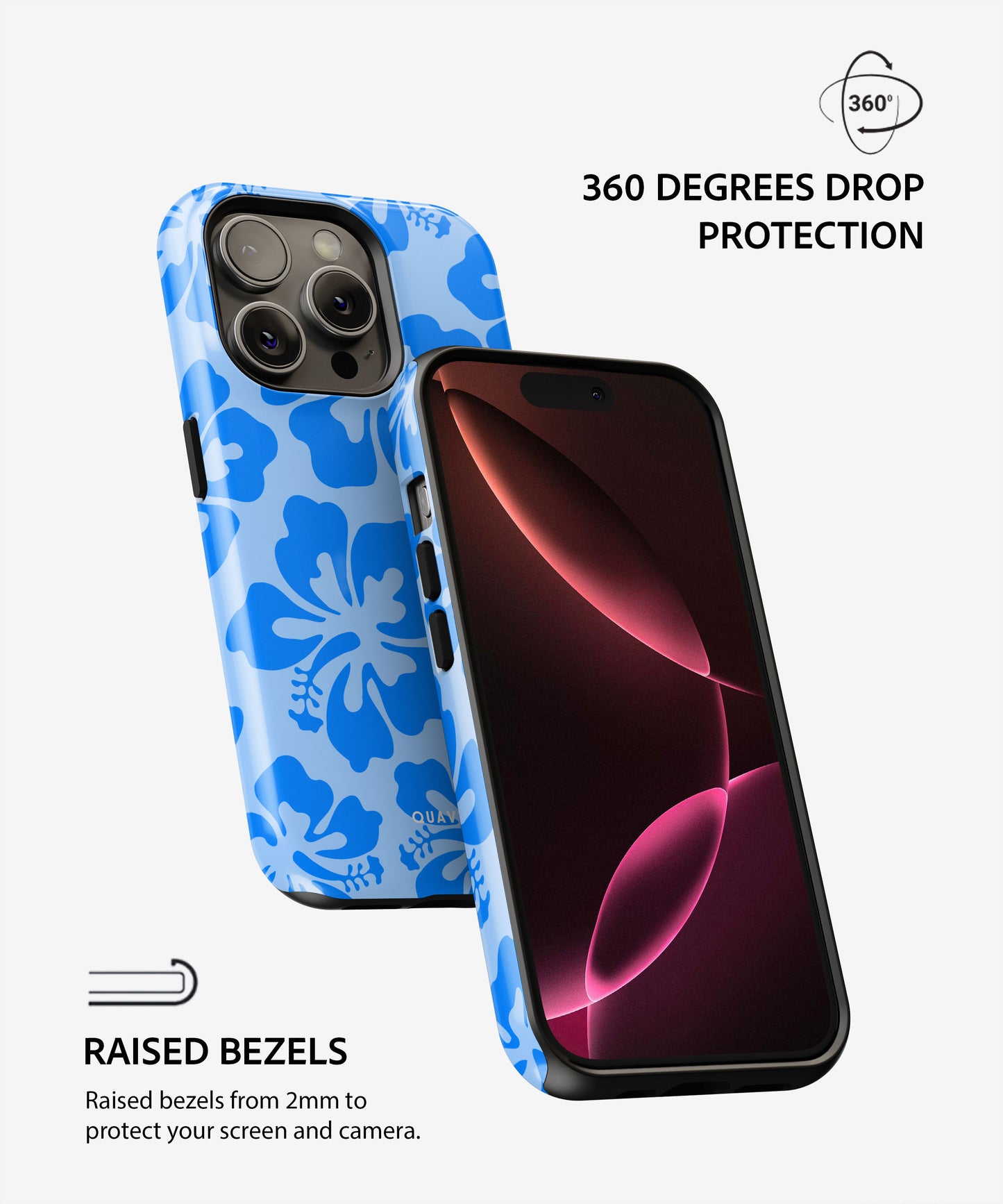 Tropical Summer phone case by QUAVVICASES – bright blue with tropical flowers, 360 degrees drop protection, raised bezels
