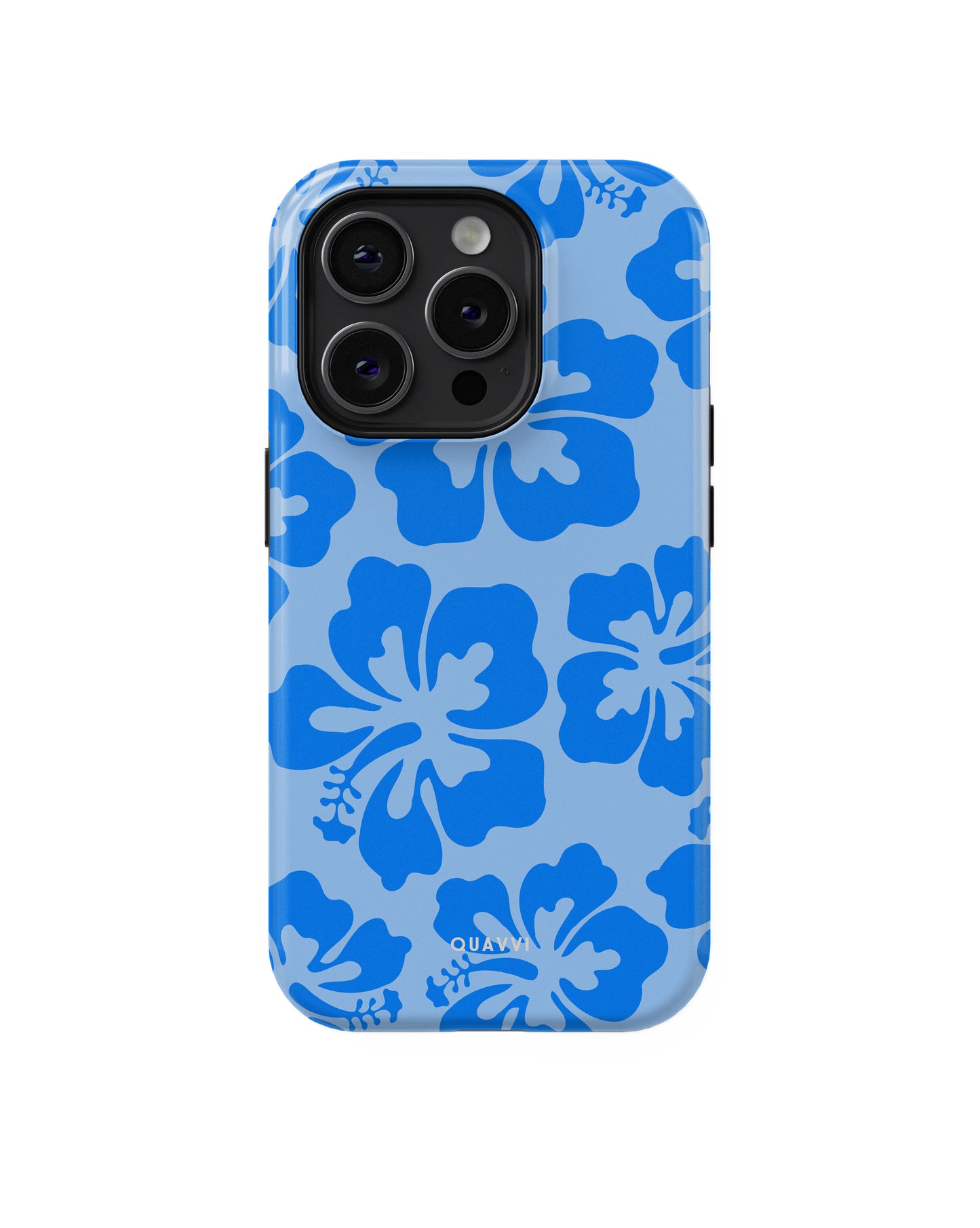 Tropical Summer Apple iPhone case by QUAVVICASES – bright blue with tropical flowers, shockproof premium tough design.