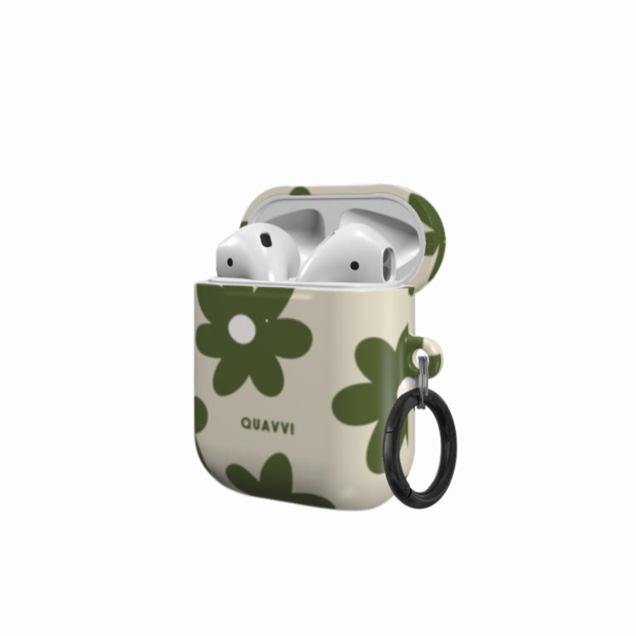 Flora Apple Airpods 1 & 2 case by QUAVVICASES – nude background with green flowers, full protection, glossy design with ring
