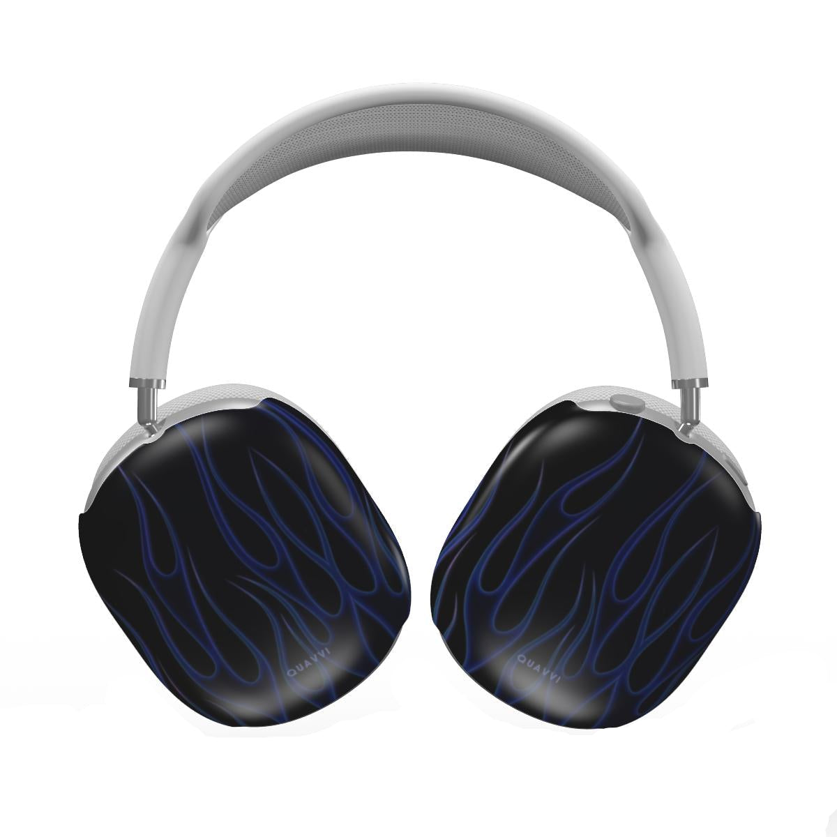 Cold Inferno Apple Airpods max case by QUAVVICASES – black background with deep blue flames, scratch resistant, glossy and slim fit design