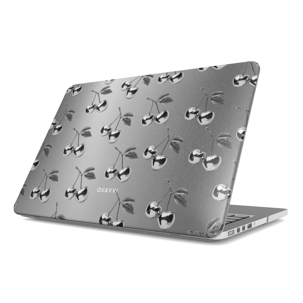 Cherryblast Apple Macbook case by QUAVVICASES – grey design with metallic cherry figures, full coverage with ventilation holes, slim fit