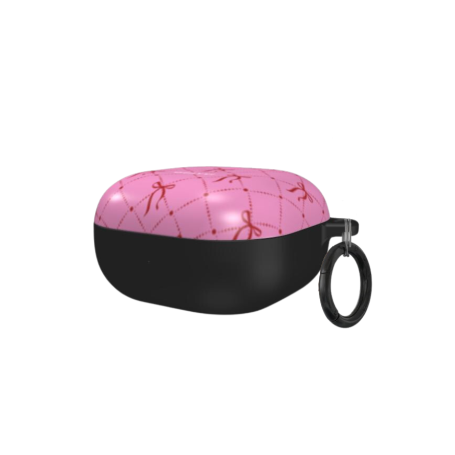 Sweetheart Samsung Galaxy buds case by QUAVVICASES – bright pink case with red bow pattern, fully coverage design with ring for easy grip