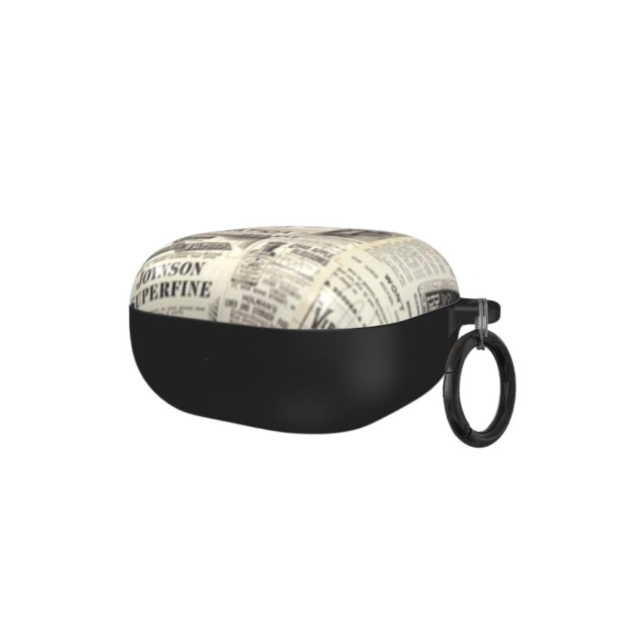 Paper Trails Samsung Galaxy buds case by QUAVVICASES – vintage newspaper design, fully covered, glossy finish with ring