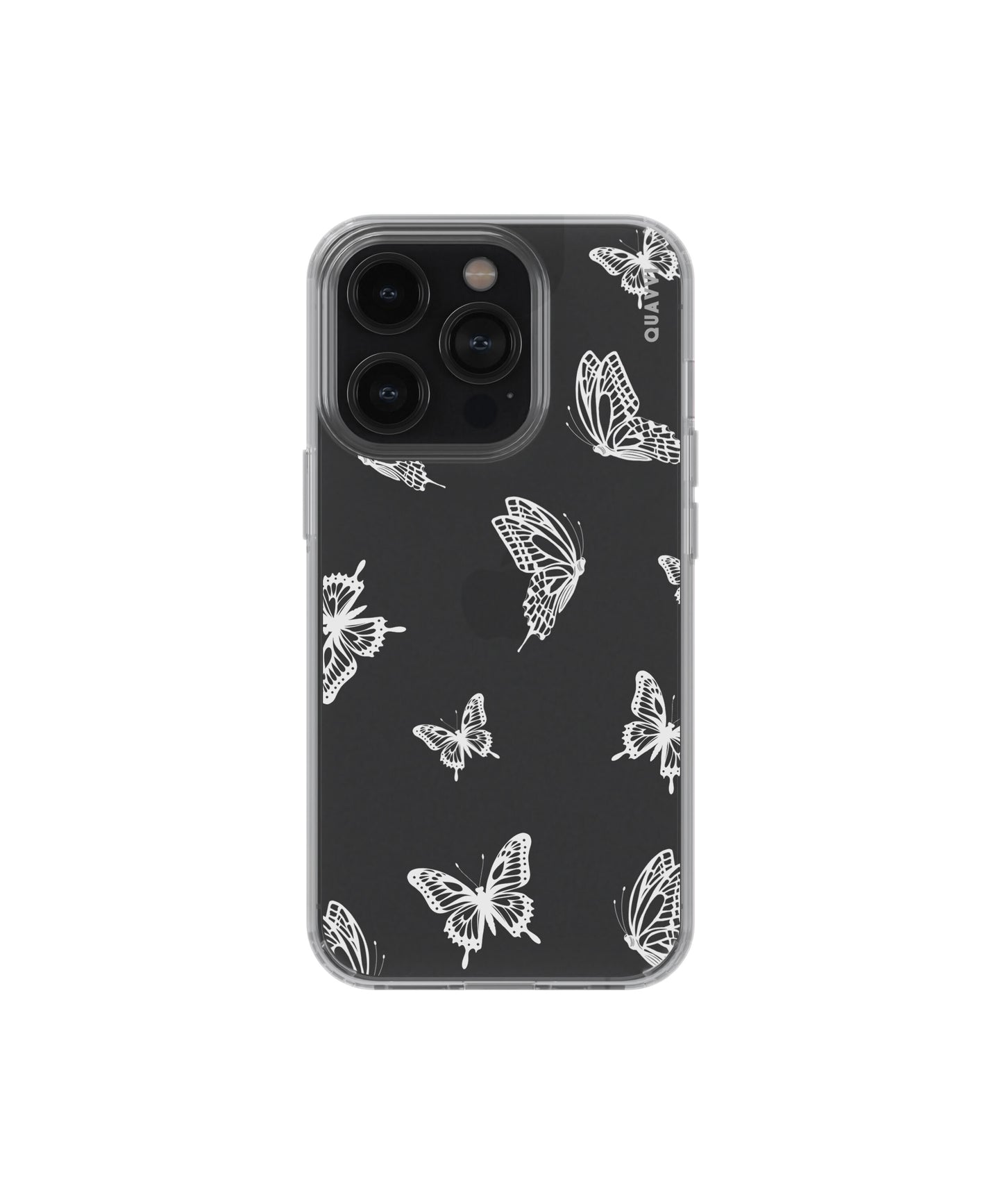 Flutter Away Apple iPhone clear phone case by QUAVVICASES - design with white butterfly images, premium shockproof clear case with raised bezels