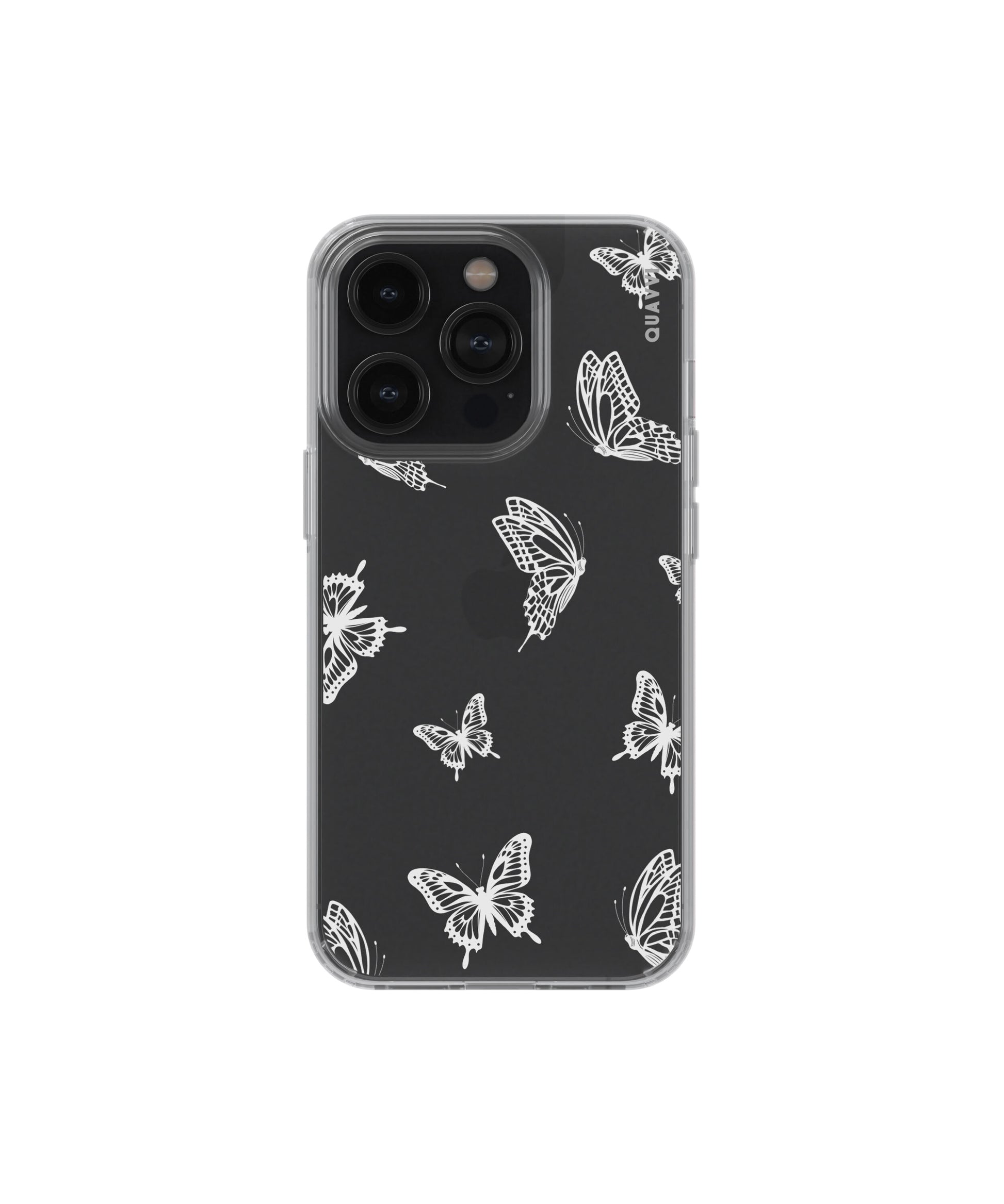 Flutter Away Apple iPhone clear phone case by QUAVVICASES - design with white butterfly images, premium shockproof clear case with raised bezels