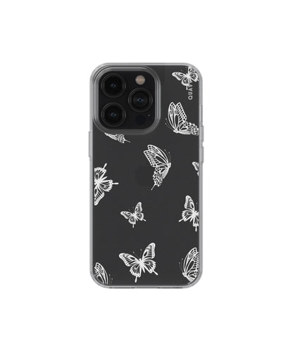 Flutter Away Apple iPhone clear phone case by QUAVVICASES - design with white butterfly images, premium shockproof clear case with raised bezels