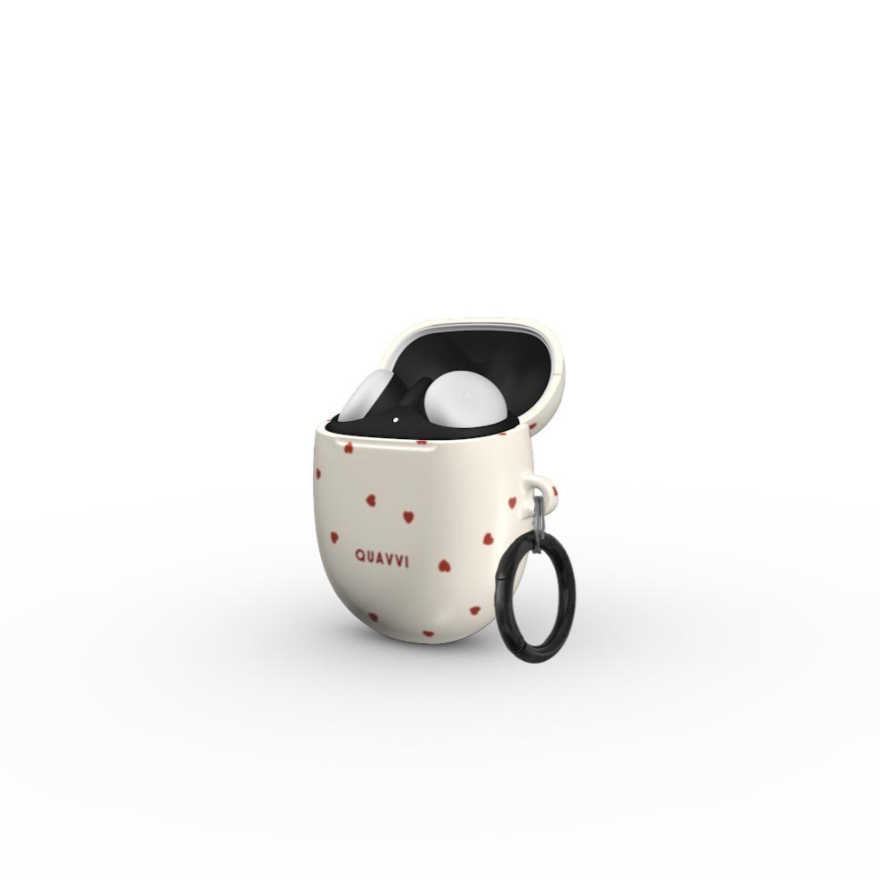 Affection Google Pixel buds case by QUAVVICASES – off-white case with little red hearts, full protection with ring for easy carry, front view