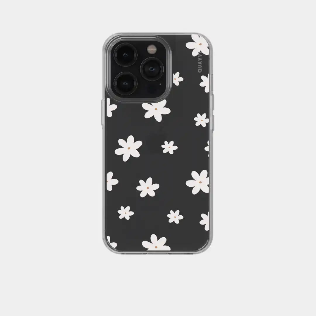 Black phone case with white floral pattern.