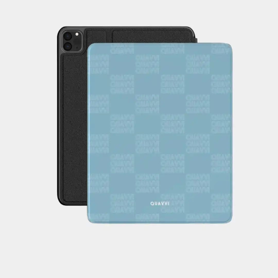 Black tablet case with a blue patterned cover.