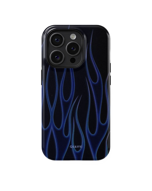 Cold Inferno Apple iPhone case by QUAVVICASES – black background with deep blue flames, double layer protection shockproof, premium quality