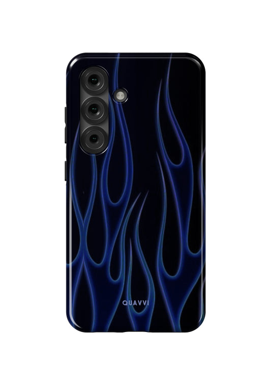 Cold Inferno Samsung Galaxy case by QUAVVICASES – black background with deep blue flames, double layer protection shockproof, premium quality
