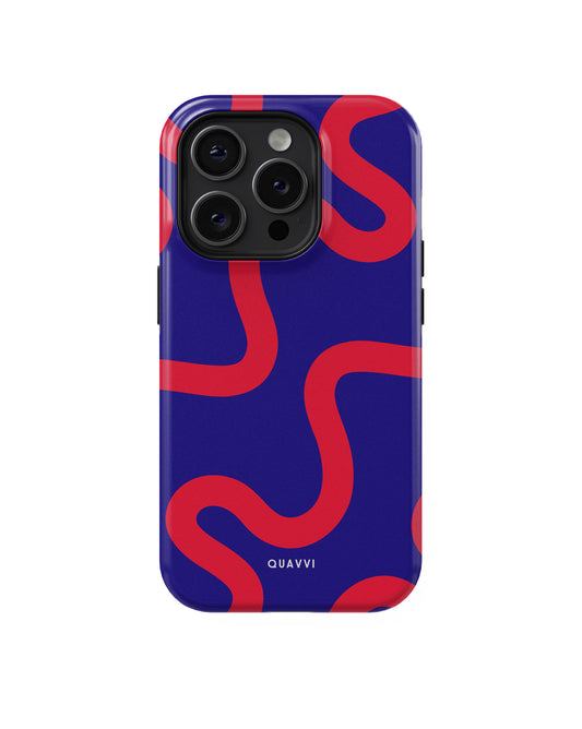 Crimson Coil Apple Iphone phone case by QUAVVICASES – dark blue with red abstract lines, glossy, tough, shockproof design