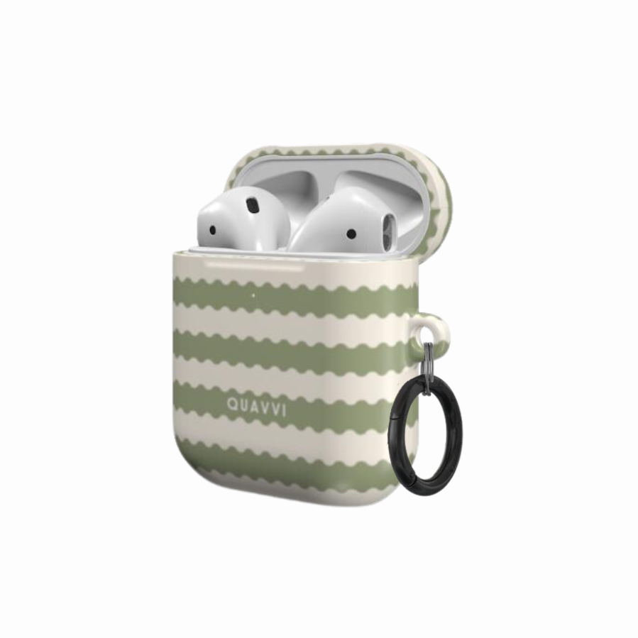 Pistachio Dream Apple Airpods 1 & 2 case by QUAVVICASES – pastel green & beige wavy lines, fully protected, glossy with ring