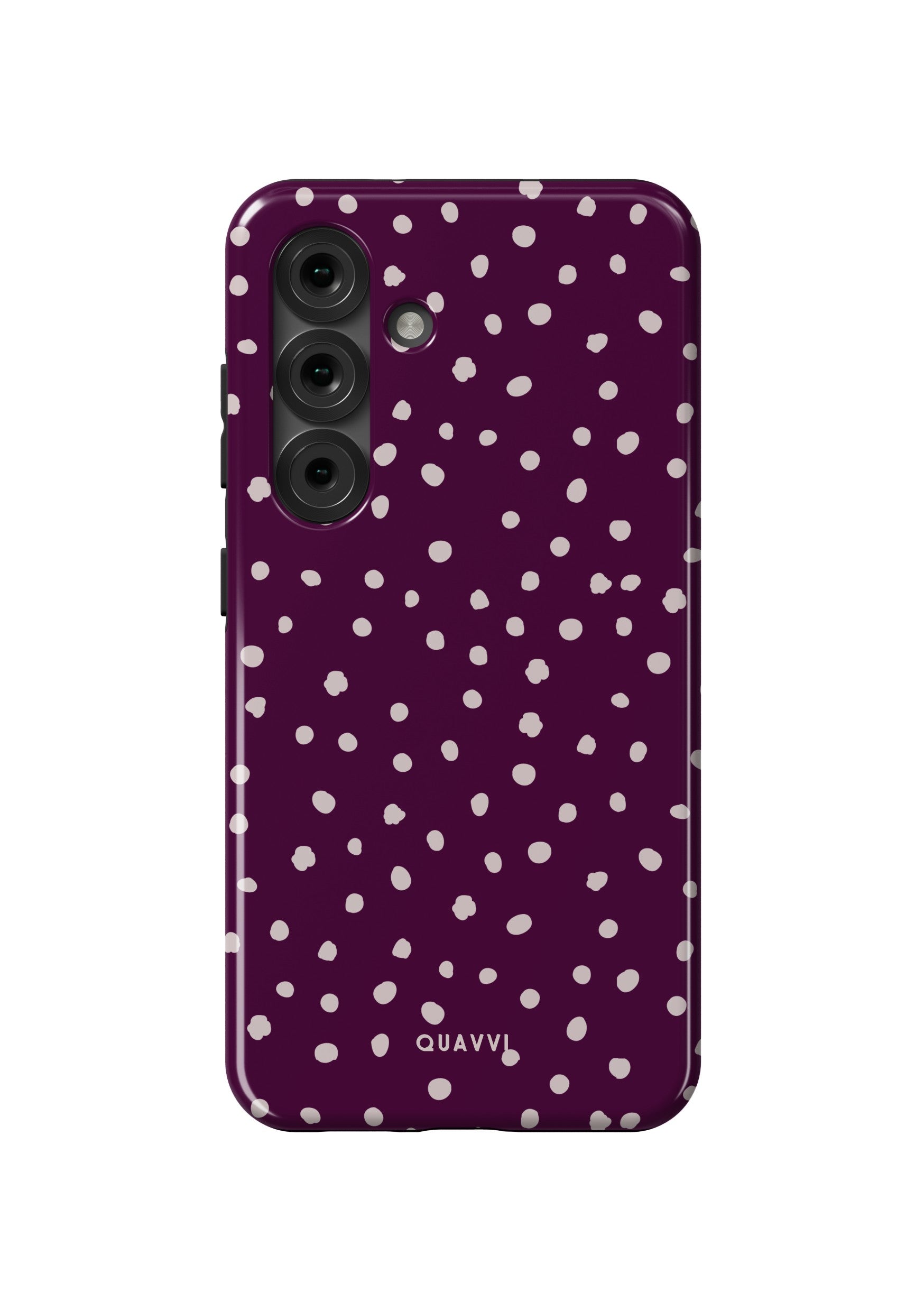 Dotty Samsung Galaxy phone case by QUAVVICASES – deep purple case with abstract white polka dots, tough design with dual-layer protection, shock absorption case