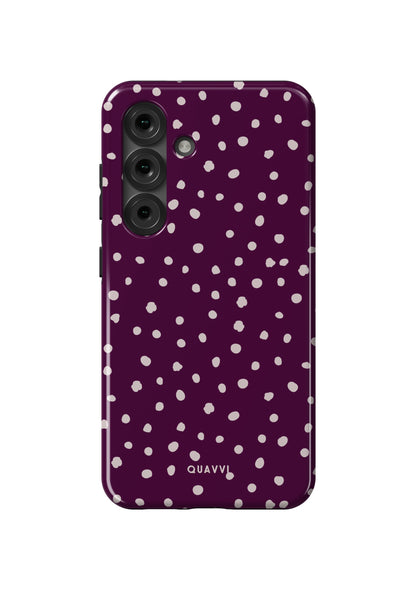 Dotty Samsung Galaxy phone case by QUAVVICASES – deep purple case with abstract white polka dots, tough design with dual-layer protection, shock absorption case