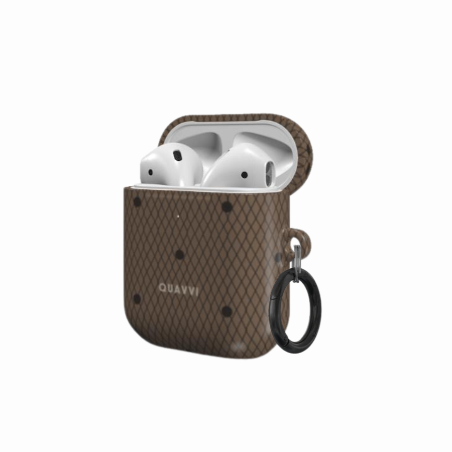 Desire Apple Airpods 1 & 2 case by QUAVVICASES – brown panty-like design with black dots, fully protected with ring