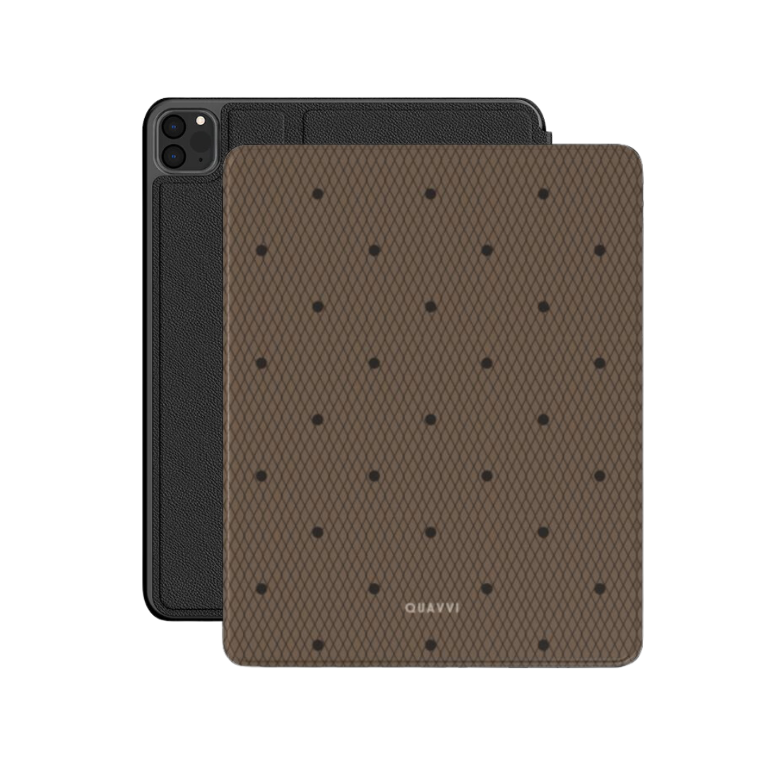 Desire Apple iPad case by QUAVVICASES – brown panty-like design with black dots, full protection, stand function, vegan saffiano leather