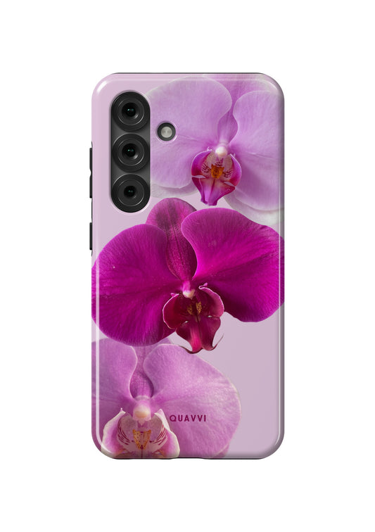 Ethereal Glow Samsung Galaxy phone case by QUAVVICASES – pink case with orchid flowers, dual-layer protection, shockproof tough design