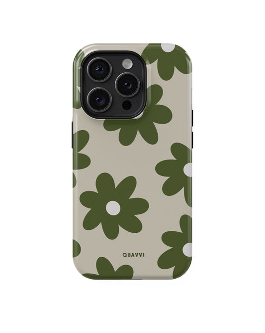 Flora Apple iPhone phone case by QUAVVICASES – nude background with green flowers, shockproof premium tough design.