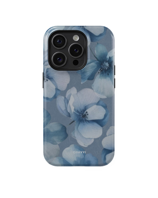 Floral Breeze Apple iPhone phone case by QUAVVICASES – vintage blue flowers design, dual-layer protection, shockproof, glossy design