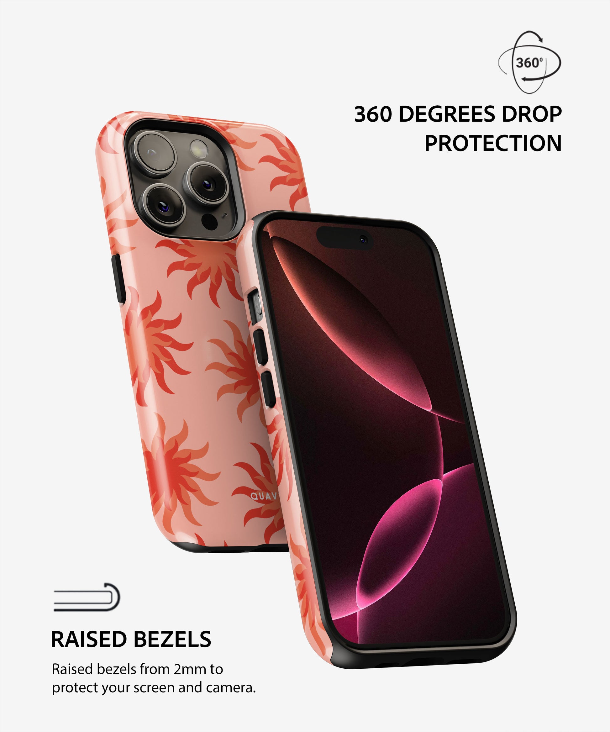 Golden Hour phone case by QUAVVICASES – bright orange with sun-inspired pattern, 360 degrees drop protection, raised bezels