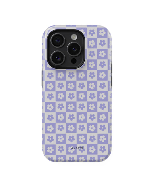 Granny's Parlor Apple iPhone phone case by QUAVVICASES – pastel purple & white checkered pattern with flowers, premium tough dual-layer shockproof design