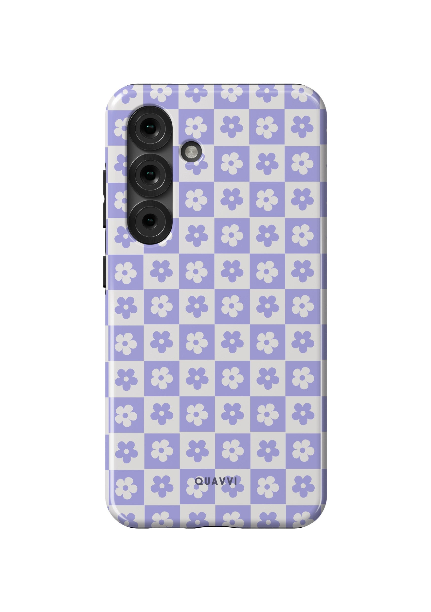 Granny's Parlor Samsung Galaxy phone case by QUAVVICASES – pastel purple & white checkered pattern with flowers, premium tough dual-layer shockproof design