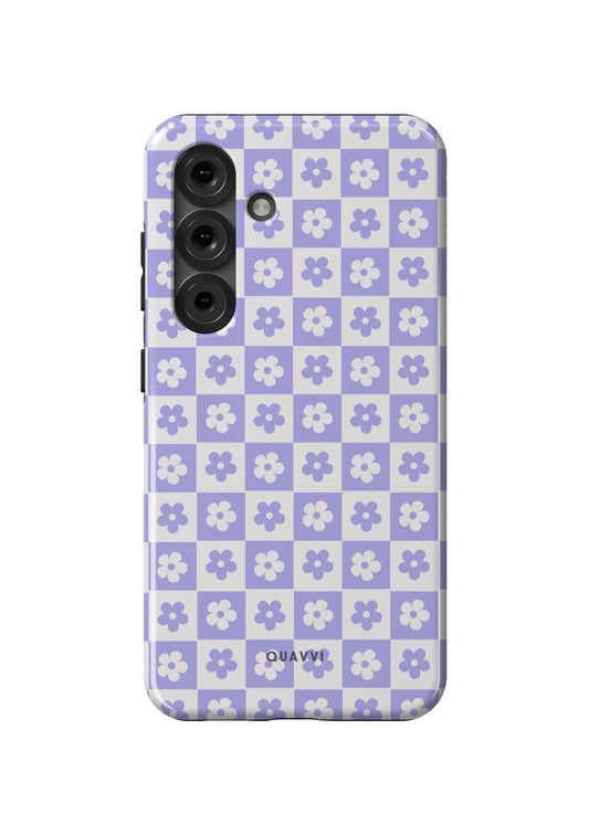 Granny's Parlor Samsung Galaxy phone case by QUAVVICASES – pastel purple & white checkered pattern with flowers, premium tough dual-layer shockproof design