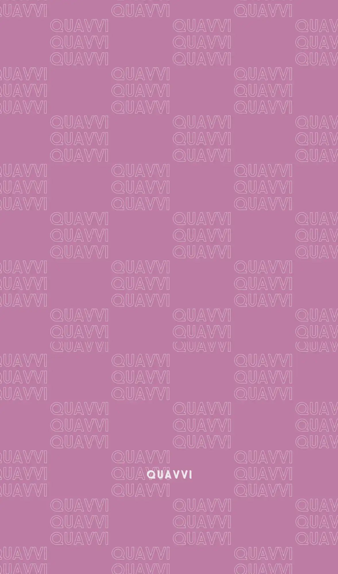 Mauve background with repeating ’QUAVVI’ text pattern.