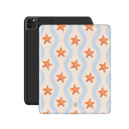 MERMAID Apple iPad case by QUAVVICASES – summer design with blue wavy lines and orange starfish images, premium case from vegan saffiano leather, with stand function and apple pencil holder