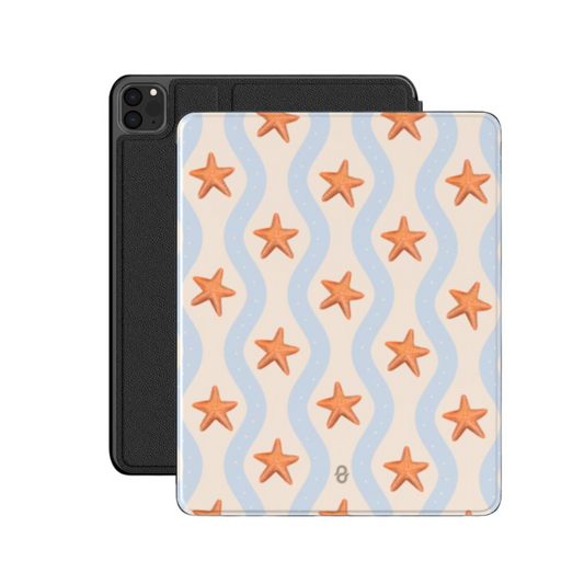 MERMAID Apple iPad case by QUAVVICASES – summer design with blue wavy lines and orange starfish images, premium case from vegan saffiano leather, with stand function and apple pencil holder