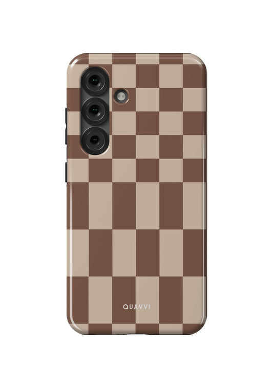 Old Money Samsung Galaxy phone case by QUAVVICASES – abstract checkered pattern with beige and brown, tough shockproof premium quality